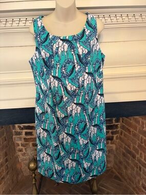 Talbots Giraffe Sleeveless Teal Tropical Print Shift Dress Sz 10 NWT $ 109